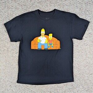 Simpson T-Shirt Bart Homer Remote Couch Watching TV Mens LARGE Black Tee
